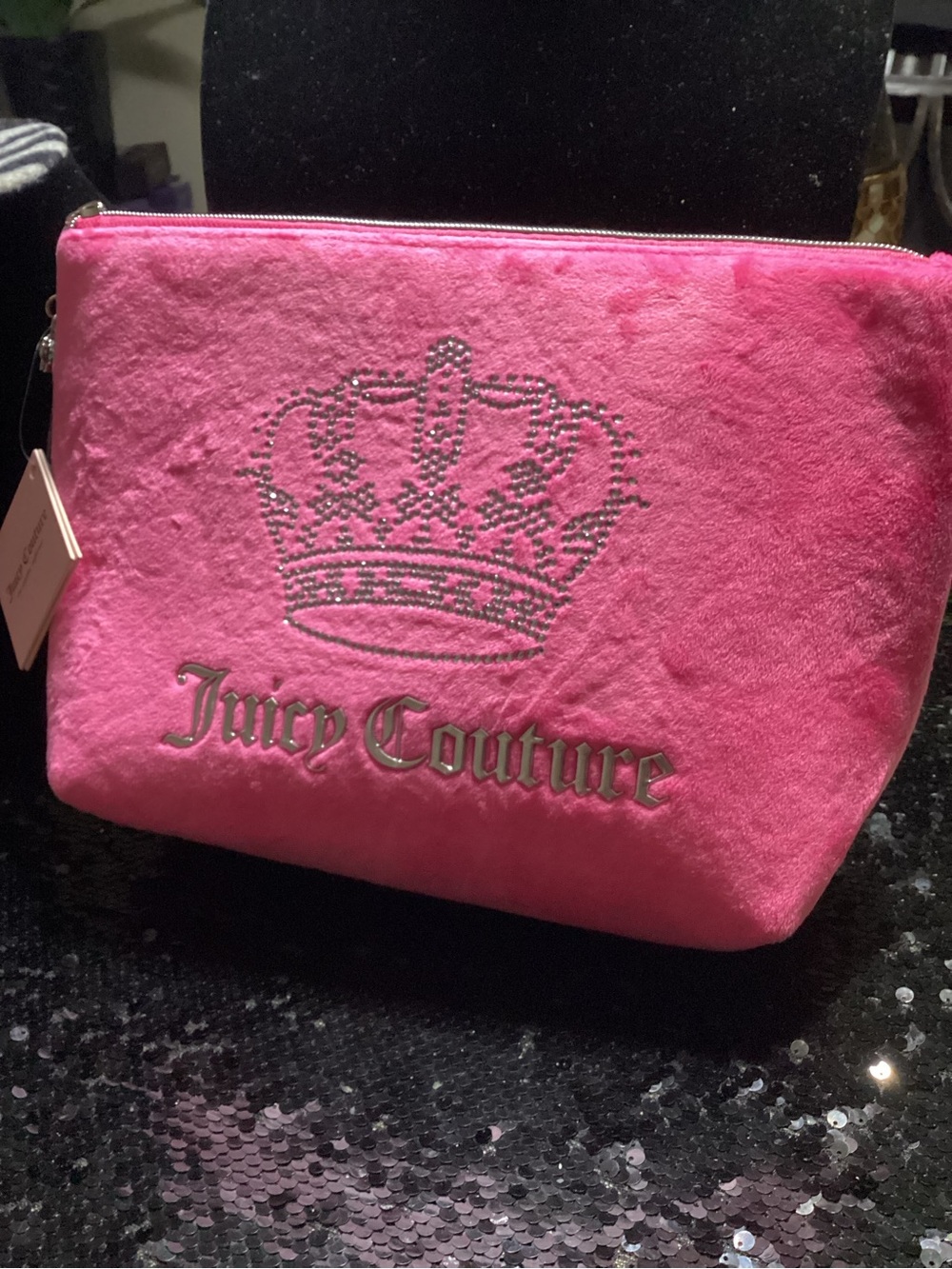 Juicy Couture Hot Pink Velvet Rhinestone Crown Cosmetic Bag